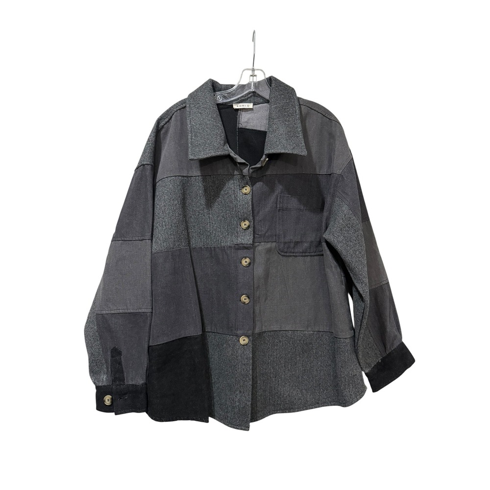 Kori Womens Gray Patchwork Shacket Oversized Button Down Jacket Large